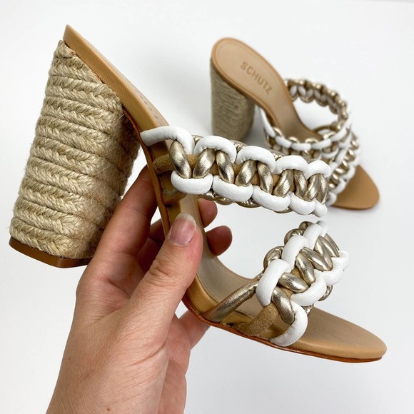 SCHUTZ Shoes - NIB SCHUTZ Juliet Woven Leather Mules Gold White Size 8.5